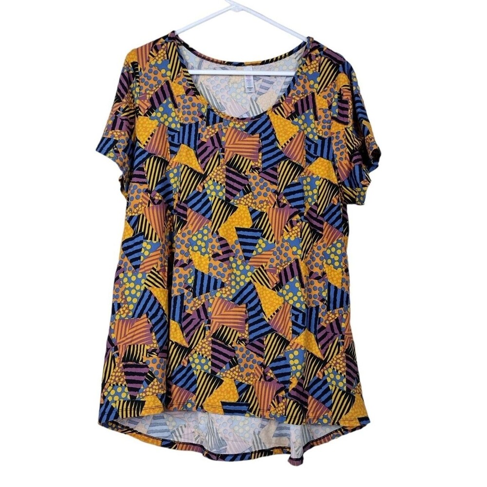 LuLaRoe Womens 2XL Shirt Tunic Geometric Stretch High Low Round Neck Cap Sleeve